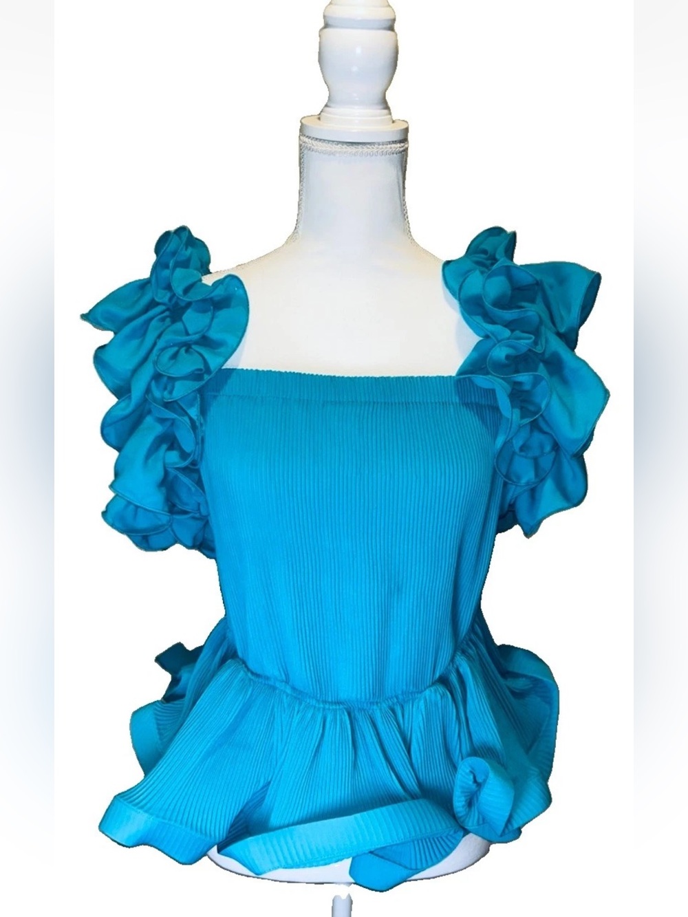 NWT Ashley Stewart Teal Blue Pleated Ruffle Statement Peplum Top 14/16 Blouse